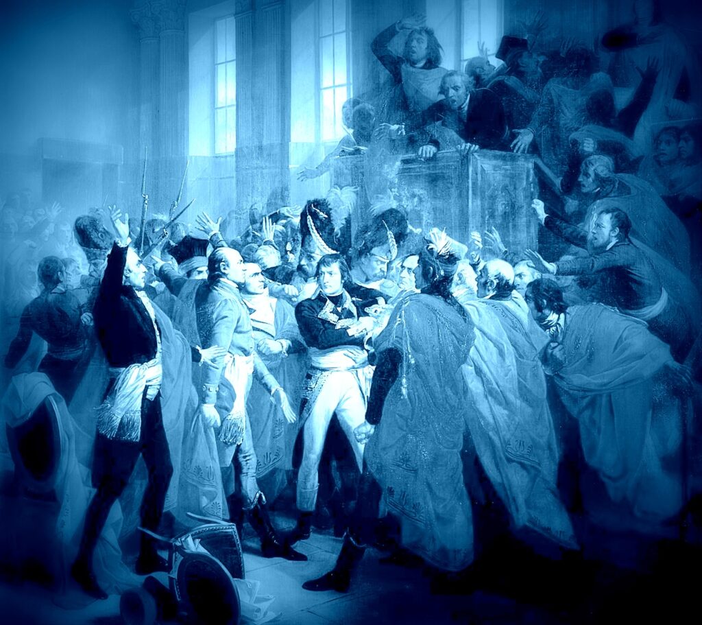 Gemälde: General Bonaparte vor dem Rat der Fünfhundert in Saint Cloud am 10. November 1799, François Bouchot (1800–1842), Wikimedia public domain, https://commons.wikimedia.org/wiki/File:Bouchot_-_Le_general_Bonaparte_au_Conseil_des_Cinq-Cents.jpg